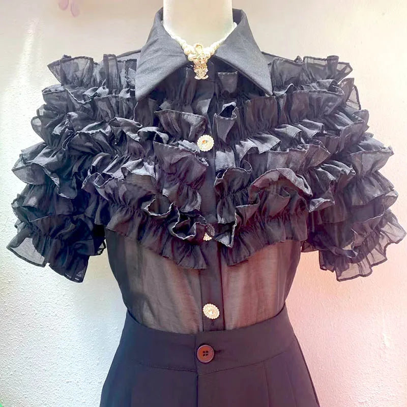Women Elegant Chic French Beautiful Blouses 2023 Summe Ruff 3D Flower Short Sleeve Female Shirts and Blouse Top Free Clothing clothes