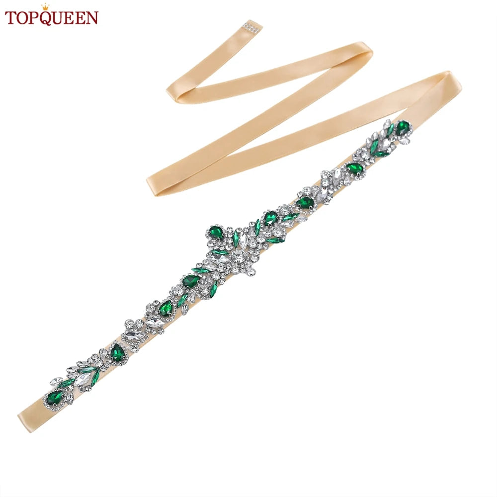 TOPQUEEN S462-KL Rhinestone Bridal Belt Wedding With Green Diamond Wedding Dress Accessories Belt Sash Party Women Dress Belt