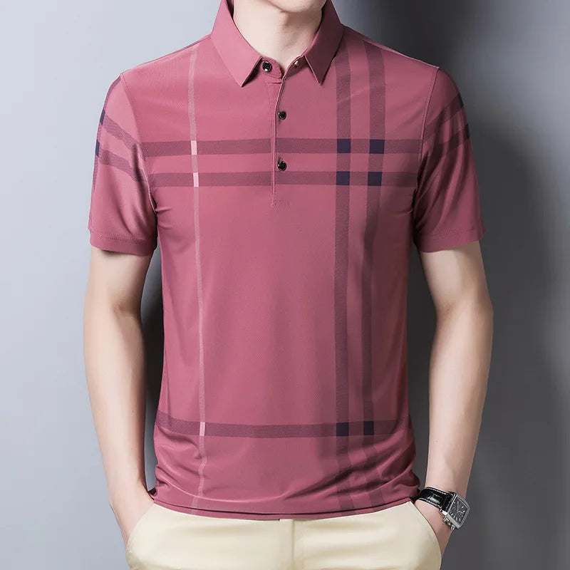 Men's Polo Shirts Korea Man Golf Shirts Summer Striped Print Button Clothing Business Style Male Streetwear Short Sleeve T-Shirt