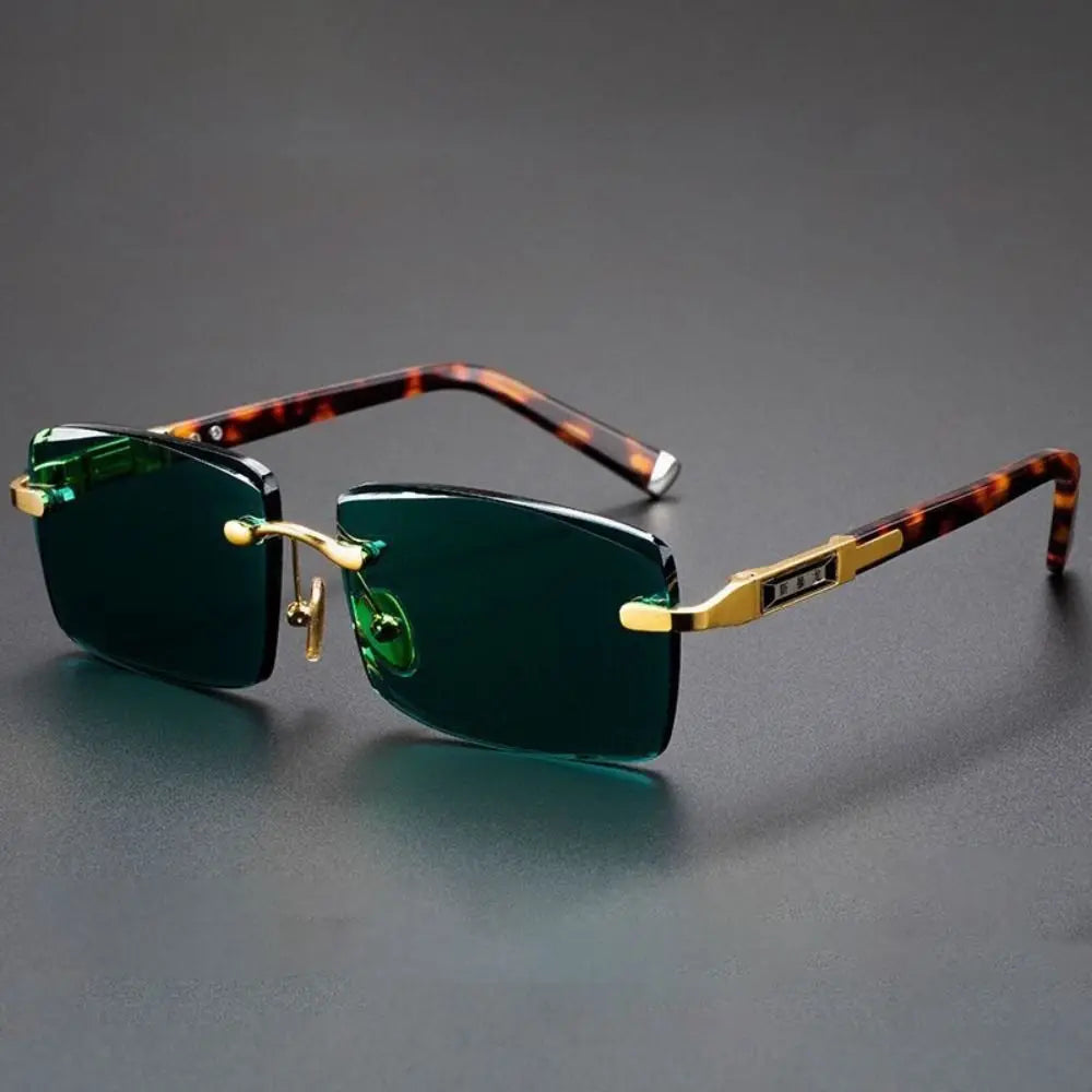 Retro Frameless Men's Sunglasses Green Crystal Stone Leopard Print Cycling Goggles Metal UV Protective Driving Sun Glasses 2025