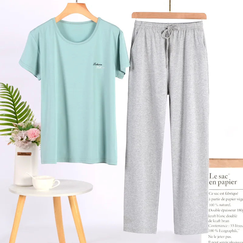 Pajama Women's Short Sleeve Long Pant Suit 2025 New Spring Summer Home Clothes Modal Large Size Pyjamas Femmes Sleepwear Set