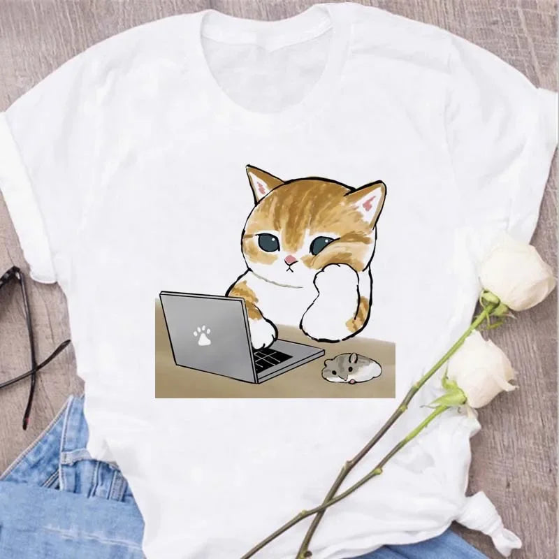 Cute Cats Printing Women T-shirts New Kawaii Women's Tops Fashion Women Clothing Funny Korean Style Creative Casual Clothes Tees