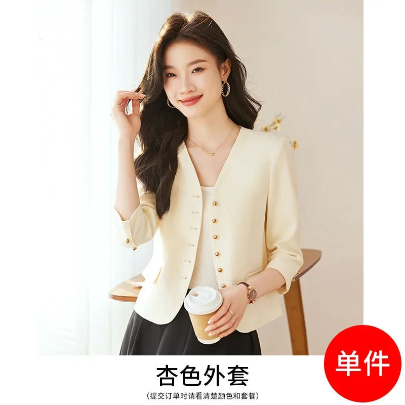 Clothes High quality short blazer for women single breasted three quater sleeve new spring 2025 elegant fashion office clothes pink blue