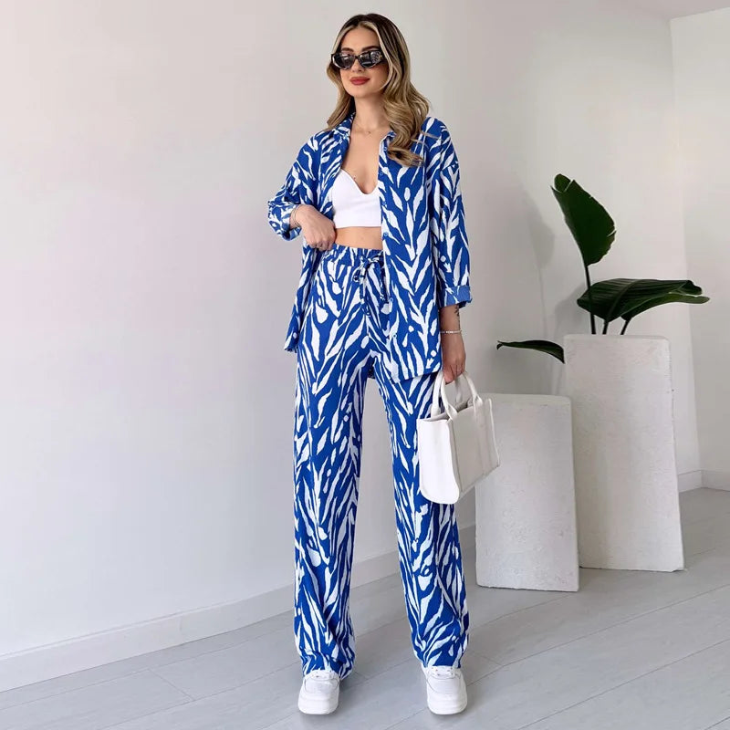 Women's Zebra Print 2-piece Set 2025 Spring Summer New Fashion Long Sleeve Shirt Top High Waist Wide Leg Pants Casual Outfits