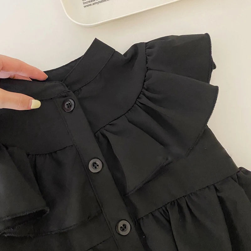 Korean Children's Clothing Girls' Summer Dress Kids Black Fly Sleeved Dress Girls Fashion Kids Outfit Layered Dresses For Girls