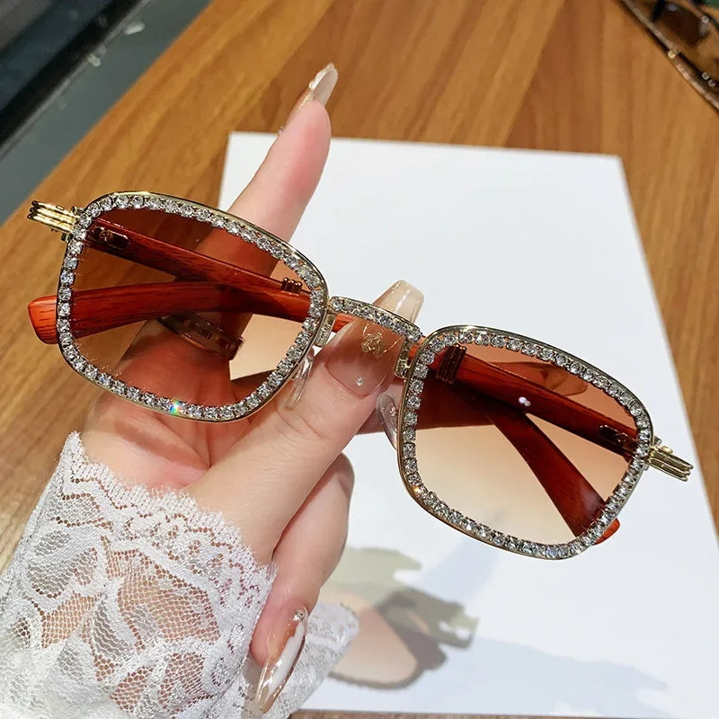 2025 Square Diamond Sunglasses for Women with A High-end Feel Imitation Wood Grain Legs Girls Sunglasses with Rhinestone
