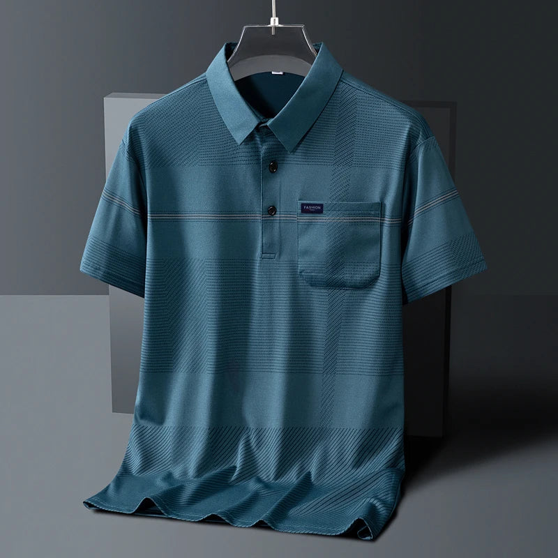 Men's Short Sleeve Button Summer Pullover Striped Pockets T-shirt England Style Casual Formal Turn-down Collar Vacation Tops