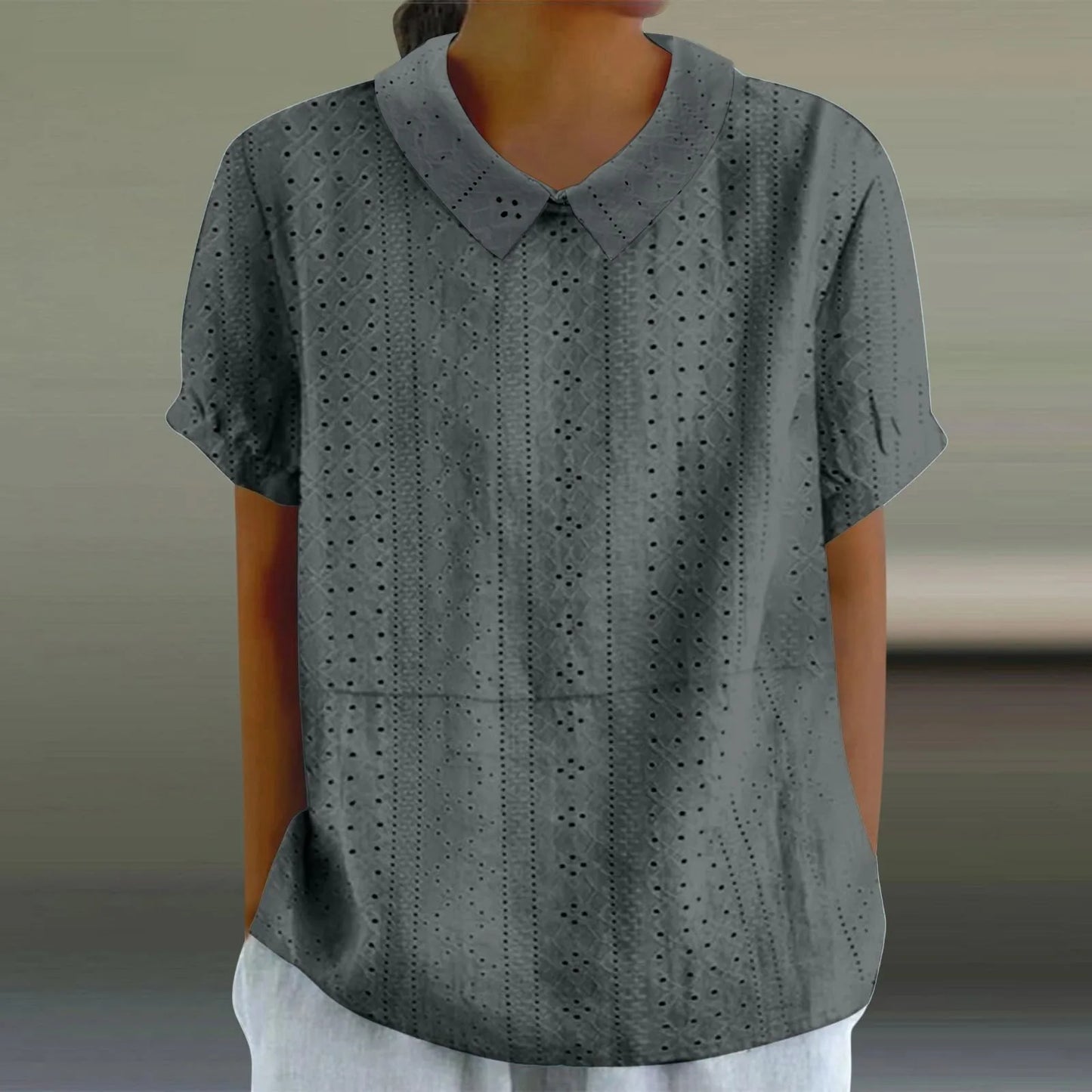 Elegant Hollow Turn-Down Collar Blouse Shirt Top Button Short Sleeve Women Blouse Casual Summer Fashion Female Tops