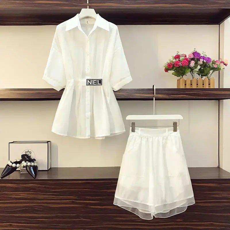Women Suit 2025 New Summer Crop Top Fashion Korean Casual Two Piece Shorts Sets Medium Length Shirt Wide Leg Pants Party Outfits