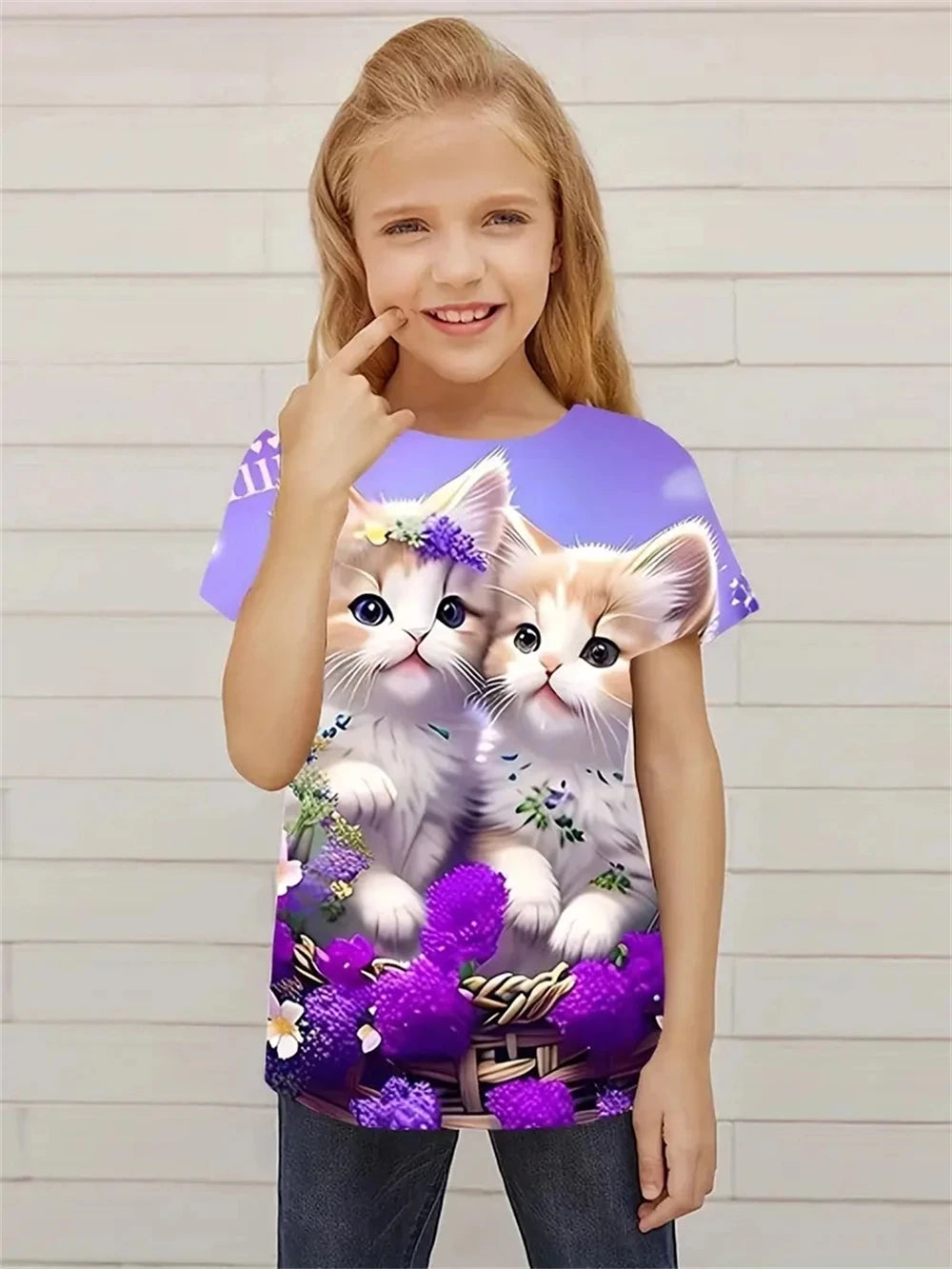 New Girl Garden Cats 3D Printing Short Sleeve T-Shirt Trendy Novelty Tees For Kids Party Fun Daily T Shirt Girls Tops Clothing