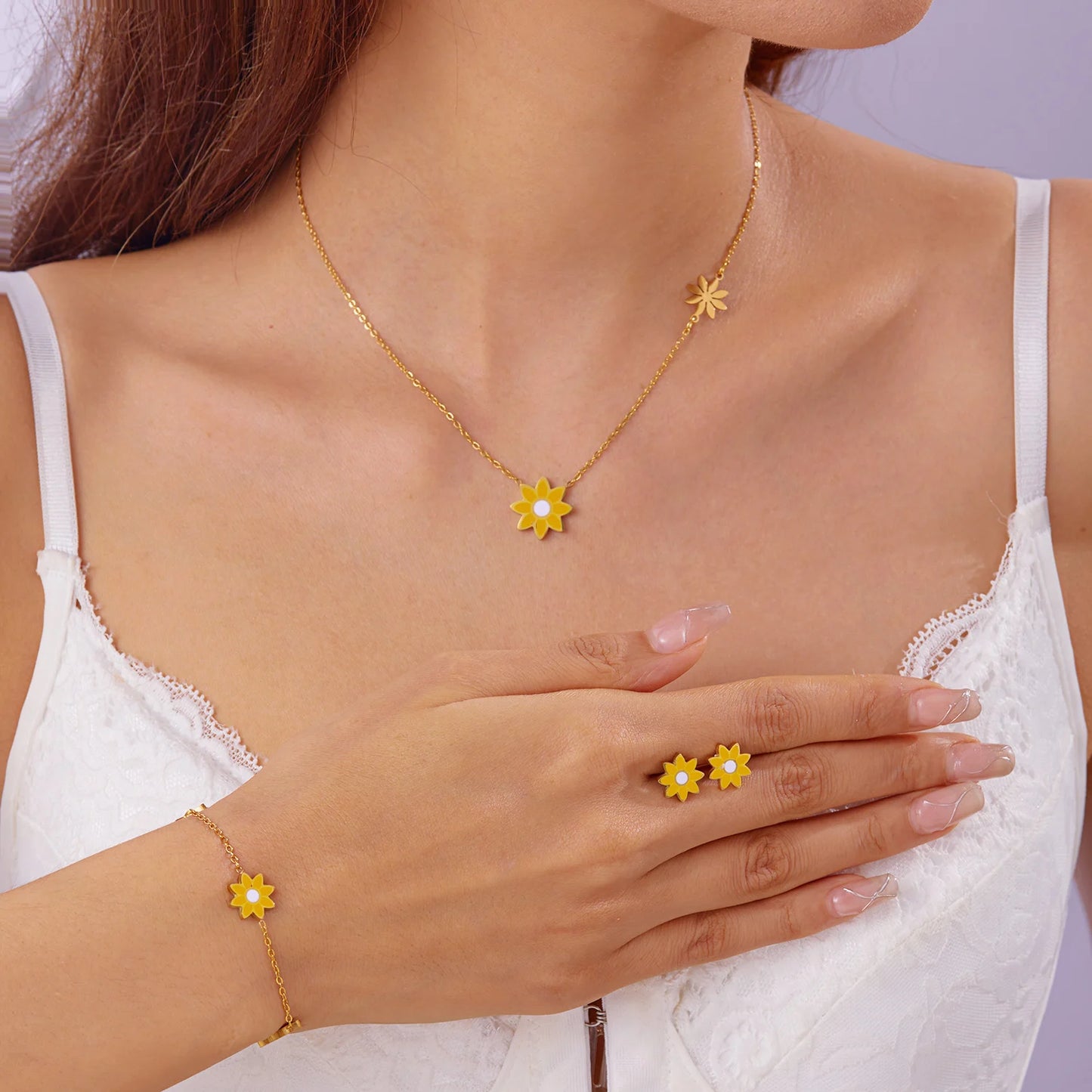 Stainless Steel Enamel Flower Necklace Bracelet Earrings For Women Boho Colorful Daisy Pendant Y2K Accessories Fashion Jewelry