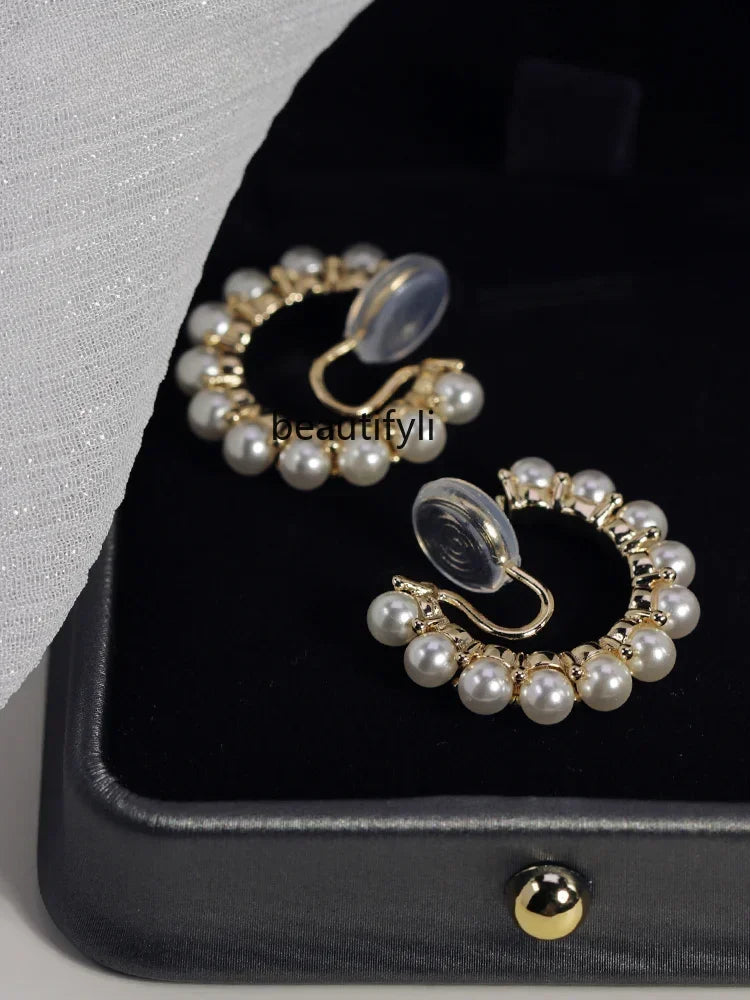 L11 yj Elegant Pearl C- Shaped Ear Clip Gentle High-Grade Silver Needle Ear Studs without Pierced Female Circle Earrings