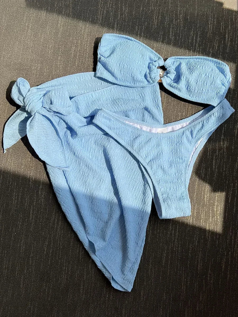 With Sarong Bandeau Strapless Wrinkled Bikini Women Swimwear Female Swimsuit Three-pieces Bikini set Bather Bathing Suit Swim