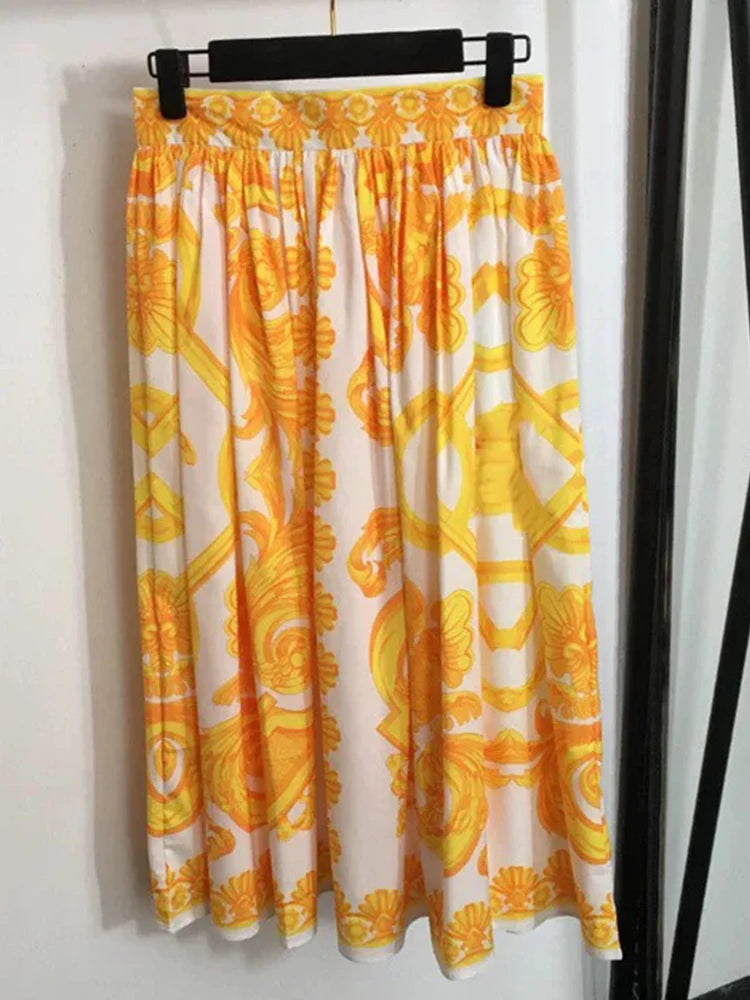 Retro printing irregular pin pleated short T-shirt 2025 summer women's two-piece suit+high waist loose skirt fashion suit