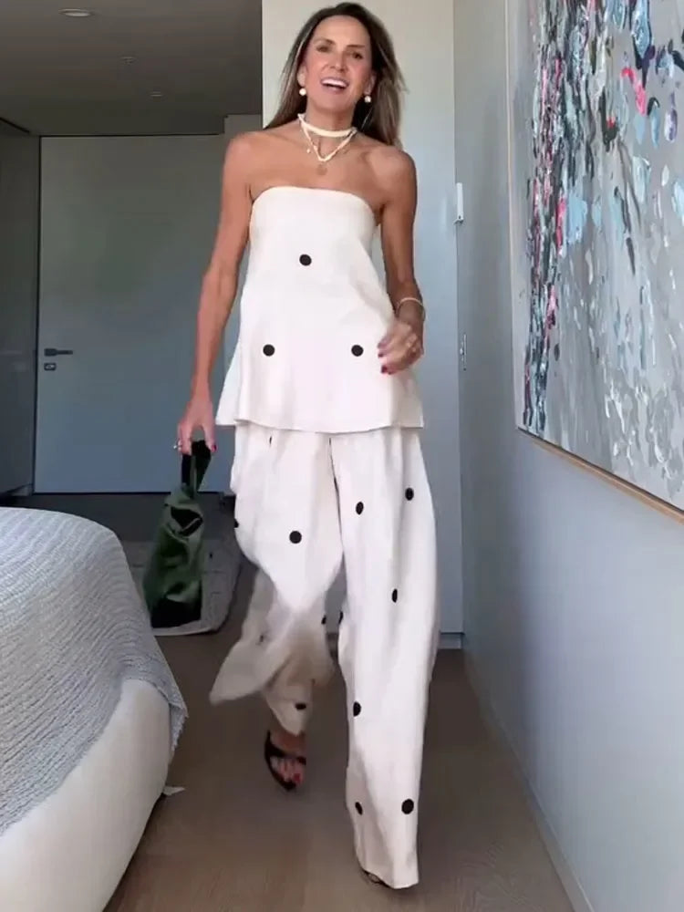 Women's Round Dot Print Off Shoulder Zipper Top Sets Fashion Backless Casual High Waist Long Pants Suit 2025 Female Streetwear