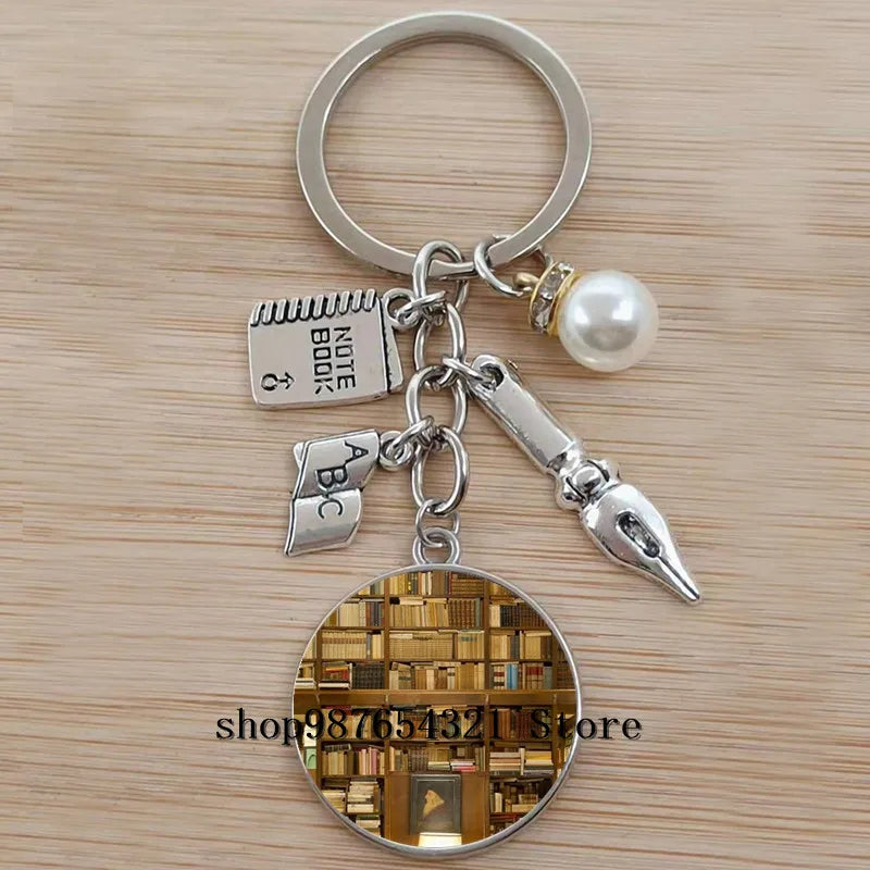 Classic Library Books Keychain Vintage Old Books Key Chain Librarians Key Ring Gift for Nerd Bookworm Writer Teacher