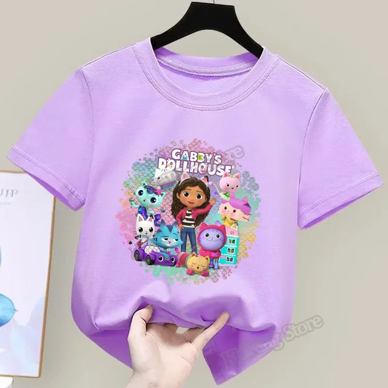 Gabby Dollhouse T-Shirt Anime Print Kleidung Mädchen Niedlich Cartoon Einfache Babykleidung Kind Lila Sommer T-Shirt Kinder Geburtstagsgeschenk