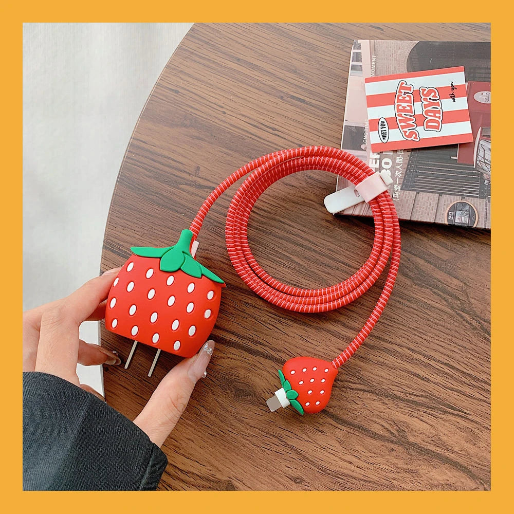 4pcs Strawberry Pineapple 3D Charger Protective Case For iPhone 18W 20W Fast Charge Protection Cover Cable Winder Accessories