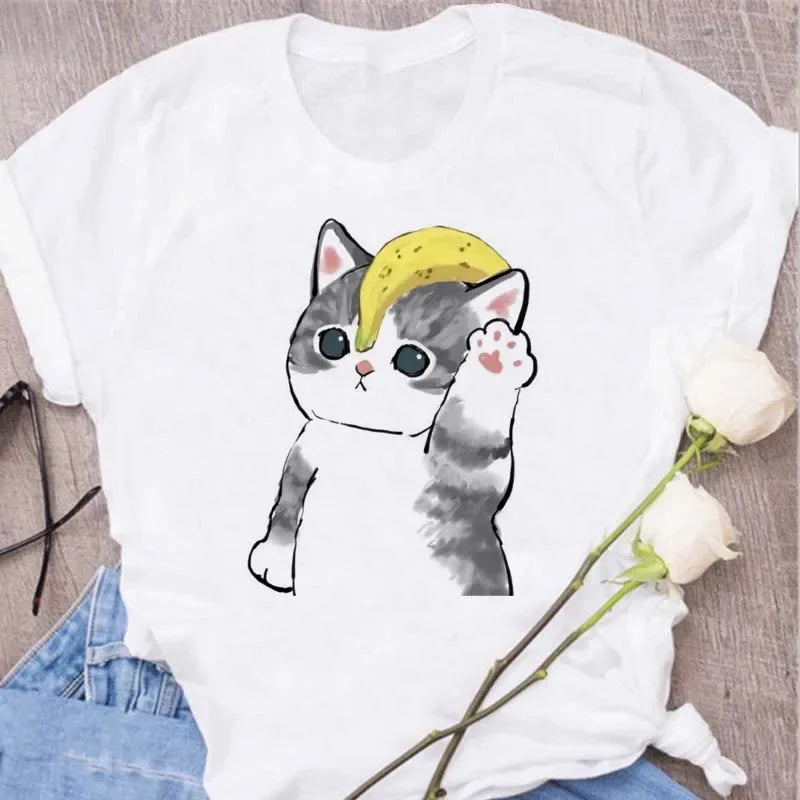 Cute Cats Printing Women T-shirts New Kawaii Women's Tops Fashion Women Clothing Funny Korean Style Creative Casual Clothes Tees