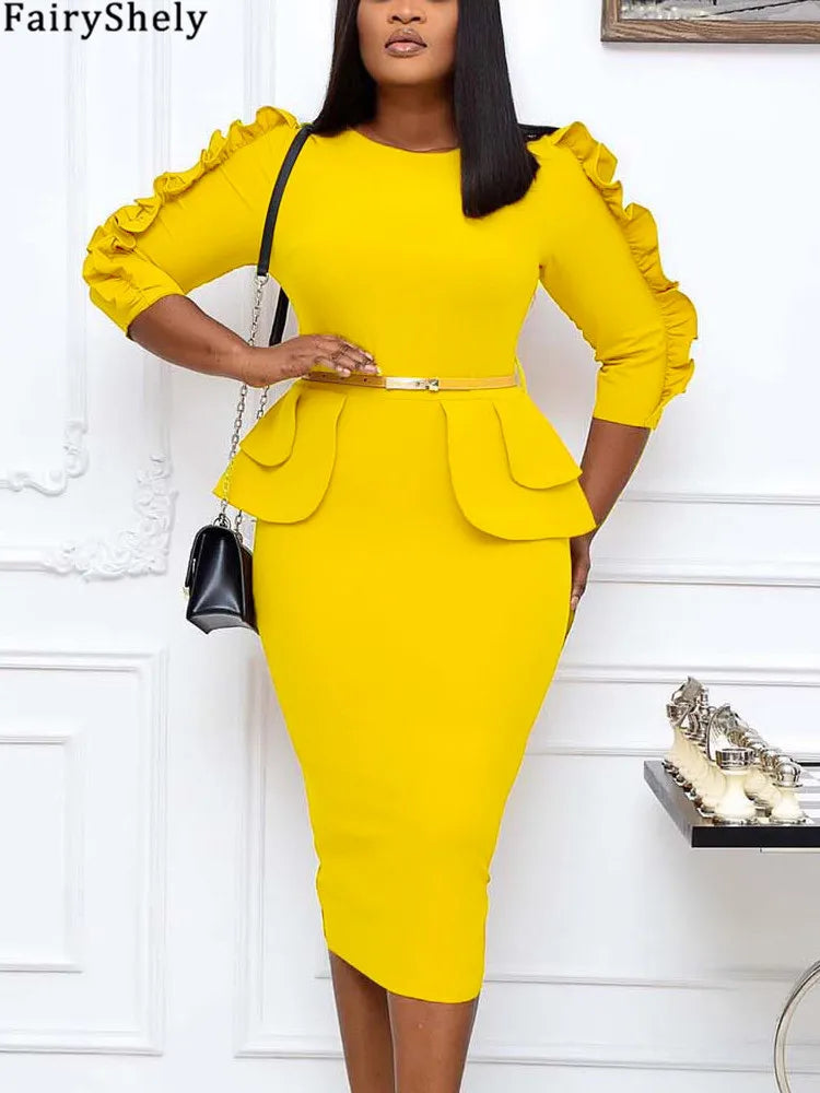 FairyShely 2025 Solid Ruffle Long Sleeve Plus Size Dress Women O Neck Large Big Dresses Lady Autumn Belt Party Tight Curvy Dress