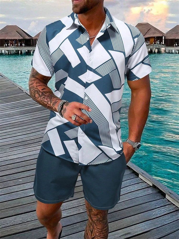 Summer New Men's Short Sleeve Shirt and Shorts 2 Piece Set Fashion Coconut Tree Print Lapel Shirt Beach Drawstring Shorts Set mon