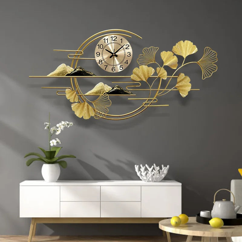 Living room decoration clock wall modern light luxury dining table sofa background mural