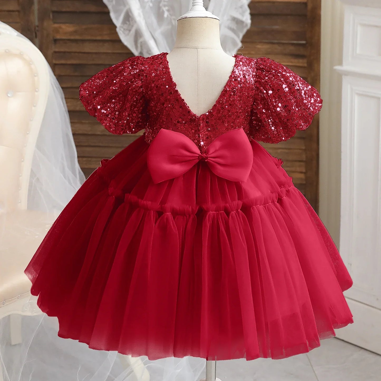 Kleinkind Mädchen Party Prinzessin Kleid Baby Champagner 1st Geburtstag Outfits Kinder Sommer Puff Ärmel Pailletten Tutu Kleid Mädchen Gala Kleidung