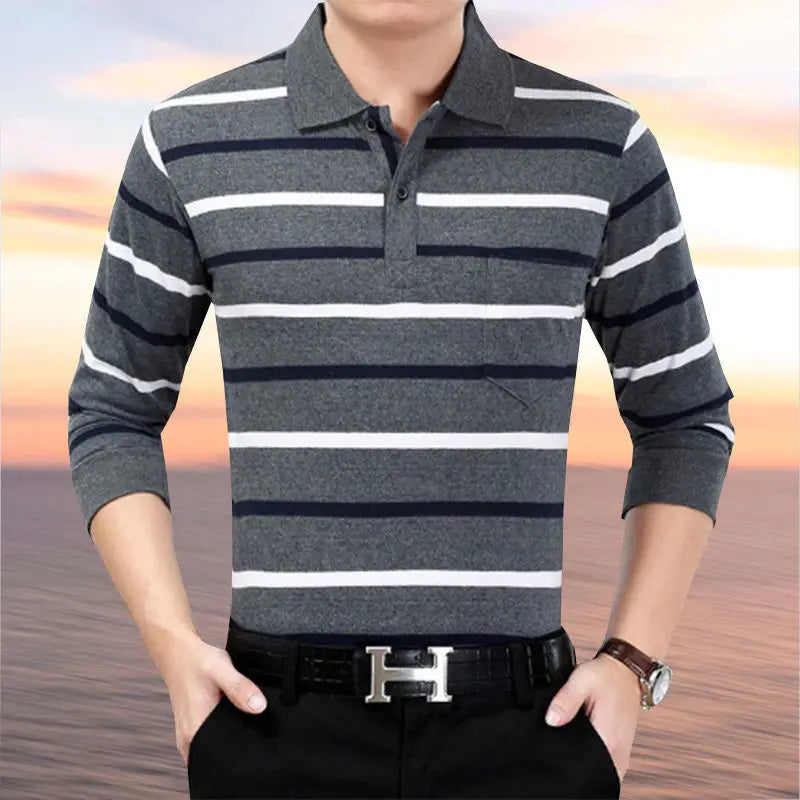 Spring Summer T Shirt for Men Cotton V-Neck Long Sleeve Pockets Comfortable Casual Striped Pullover Formal Clothes