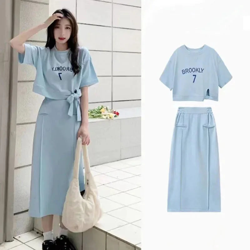Women Dress Sets Short Sleeve T-shirt+Skirt 2Pcs Suit Letter Print 2024 Summer Fashion Streetwear Female Casual Loose Outfits