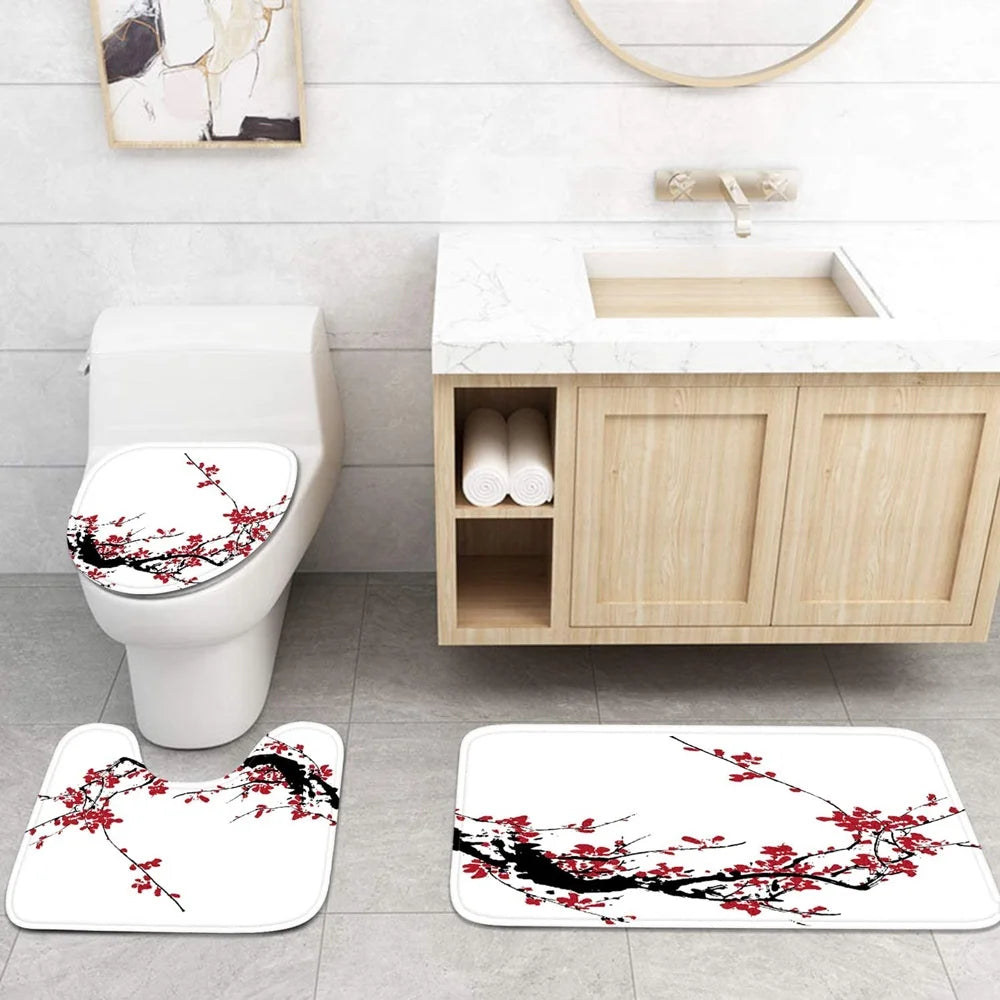 Japanese Cherry Blossom Shower Curtain Set Non-Slip Rug Toilet Lid Cover Bath Mat Spring Sakura Flower Pastoral Bathroom Curtain