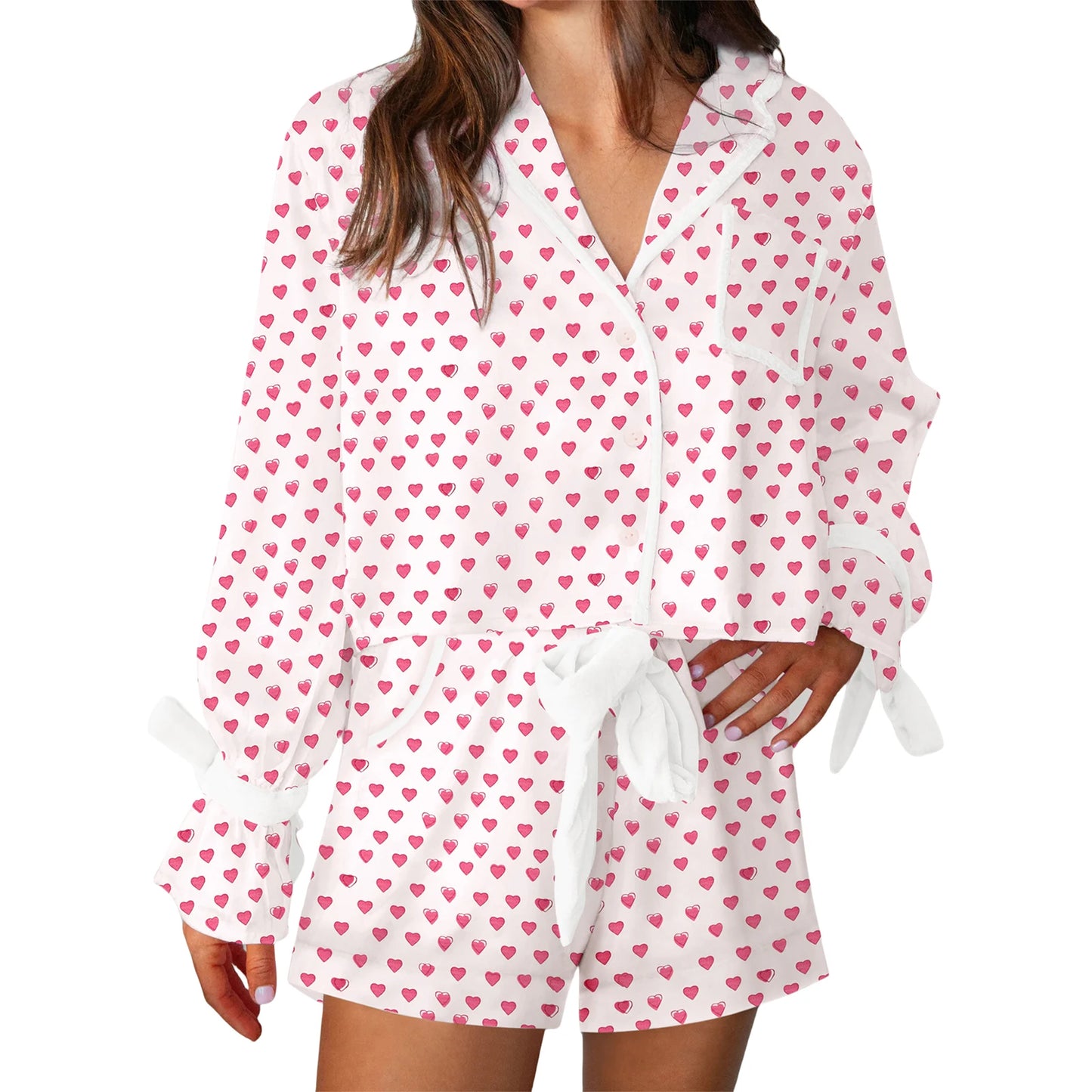 Women s Valentine s Day Lounge Set Long Sleeve Heart Print Shirt Drawstring Shorts Sleepwear