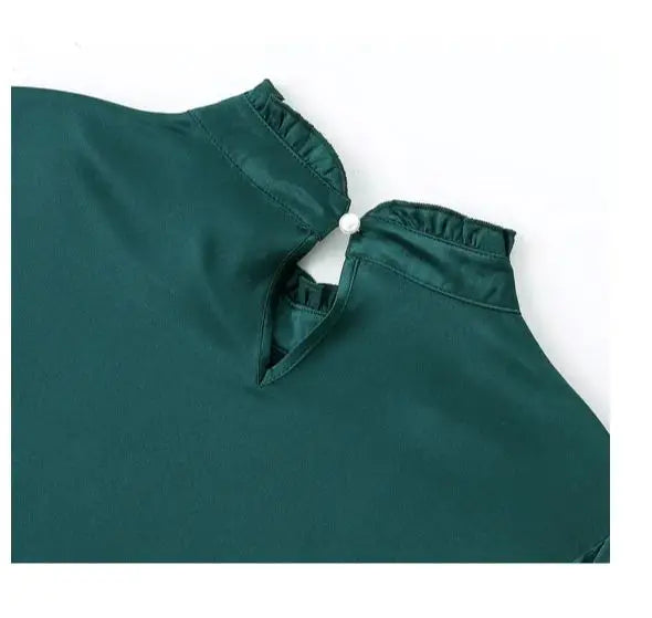 Birdtree 92%Real Silk Women Elegant Fashion Shirt Ruched Collar Diamonds Blouses 2024 Spring Autumn Office Lady Tops T3D983QM