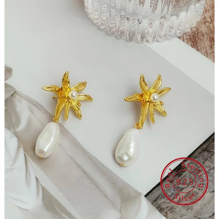 Luxury 925 Silver Needle Sunflower Baroque Pearl Dangle Earring Irregular Freshwater Pear Drop Earrings for Women Party Jewelry
