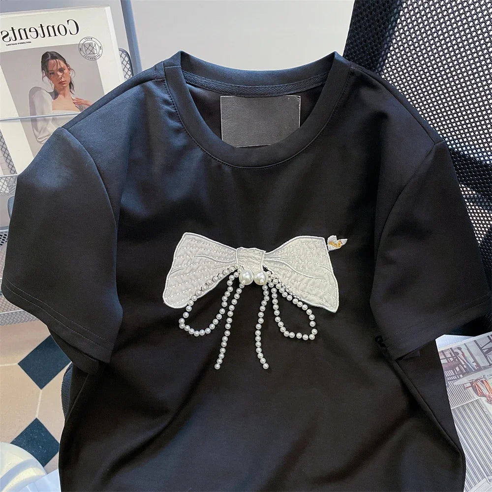 Beads Bow Ropa Mujer Round Neck Short Sleve Clothes Contrast Women Clothing Sweet Embroidery Tops Summer 2025 New Camisetas