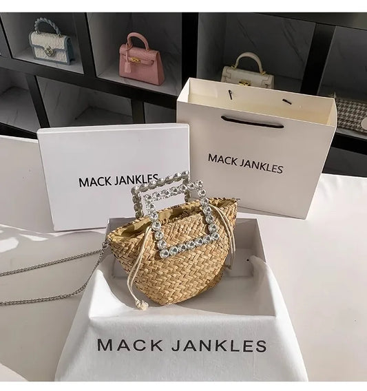 Straw Woven Handmade Bucket Bag Crystal Diamond Metal Handheld Women Handbag Lady Purse Shoulder Crossbody Bag Holiday Beach Bag