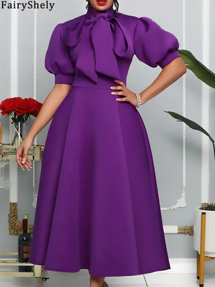 FairyShely 2025 Puff Short Sleeve Plus Size Dress Women Solid Bow Large Big Dresses Summer Lady O-Neck Party Tight Curvy Dress