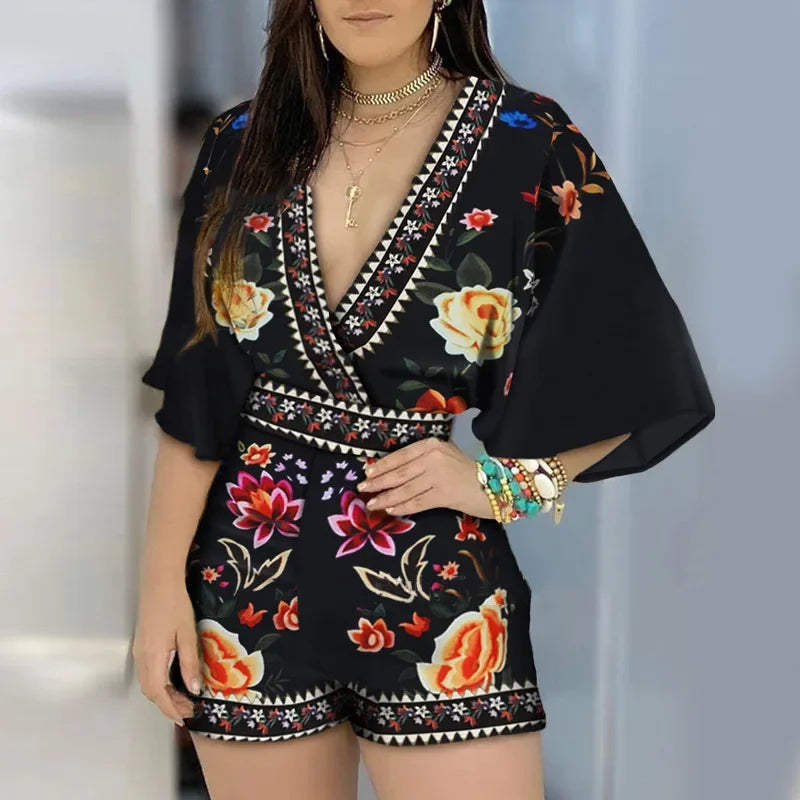 2025 clothes Women's Casual Jumpsuits Elegant Floral Print Overalls Summer Deep V-neck 3/4 Sleeve Rompers Ladies' Clothes Mujer Outfits