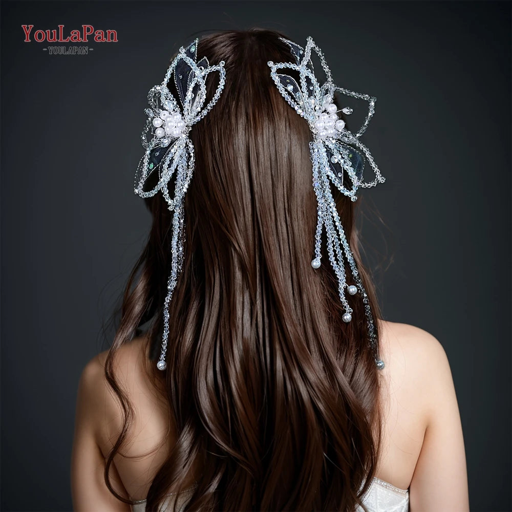YouLaPan 2 Pce Butterfly Shape Hair Chip Handband Handmade Crystal Tassel Bride Headwear Shiny Wedding Hair Accessories HP694