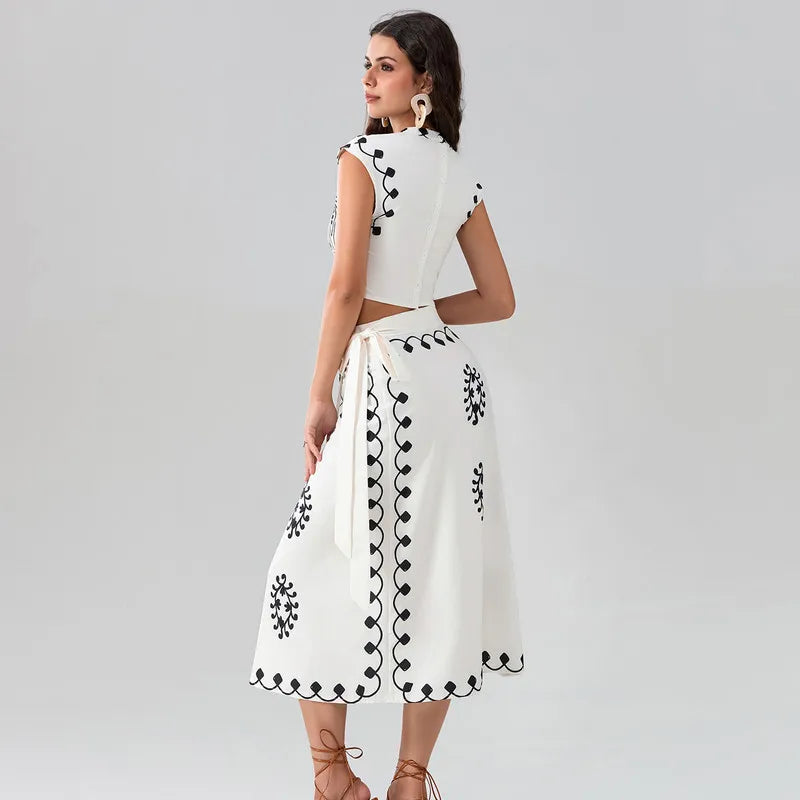 WPNAKS Women Elegant 2 Piece Skirt Sets Office Ladies Summer Clothes Chic Short Sleeve Boho Pattern Tops Long Skinny Skirt