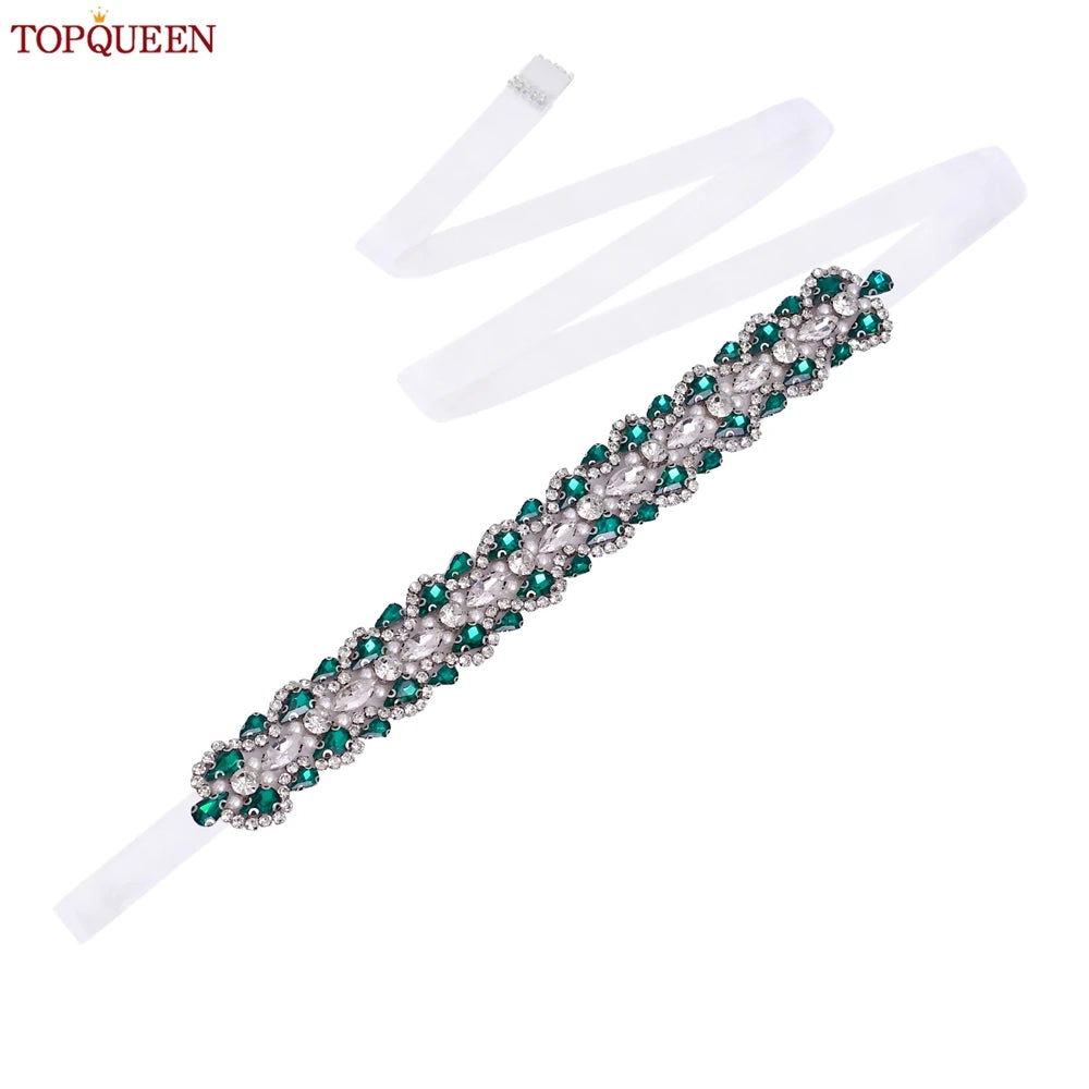 TOPQUEEN Luxury New Bridal Belt Wedding Supplies Dinner Dress Waist Decoration Green Bridesmaid Sash Accessories S466-D