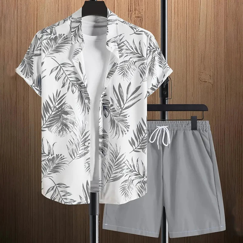 Stylish Lapel Button-Down Shirt Shorts Set Summer Men's Short-Sleeved Shirt Drawstring Shorts 2-Piece 3D Leaf Print Travel Suit mon