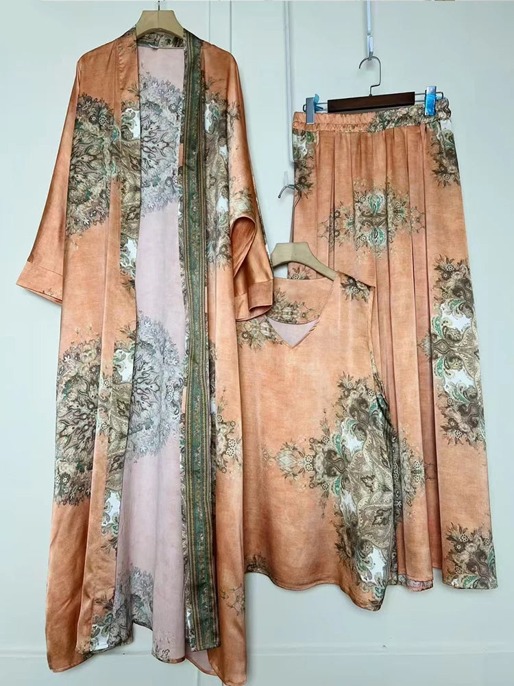 Retro geometric print loose cardigan three-piece set 2025 spring women's new pullover vest + draped loose culottes fashion suit