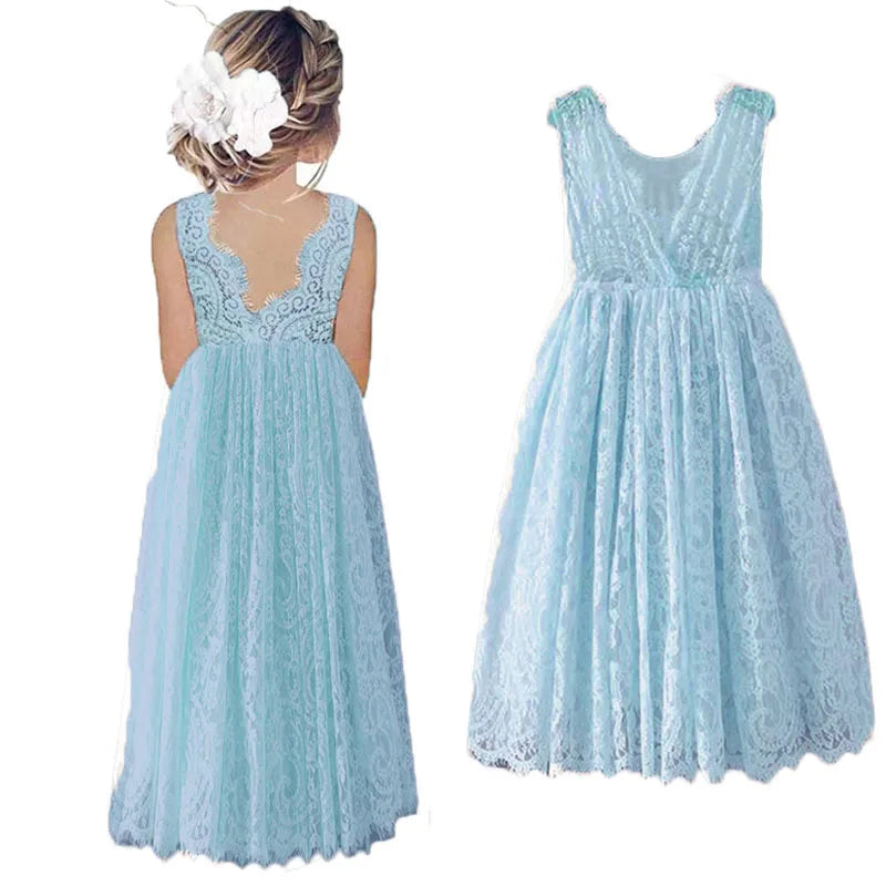 Big Size Princess Girls Cotton Lace Long Dress For 2-14 Years