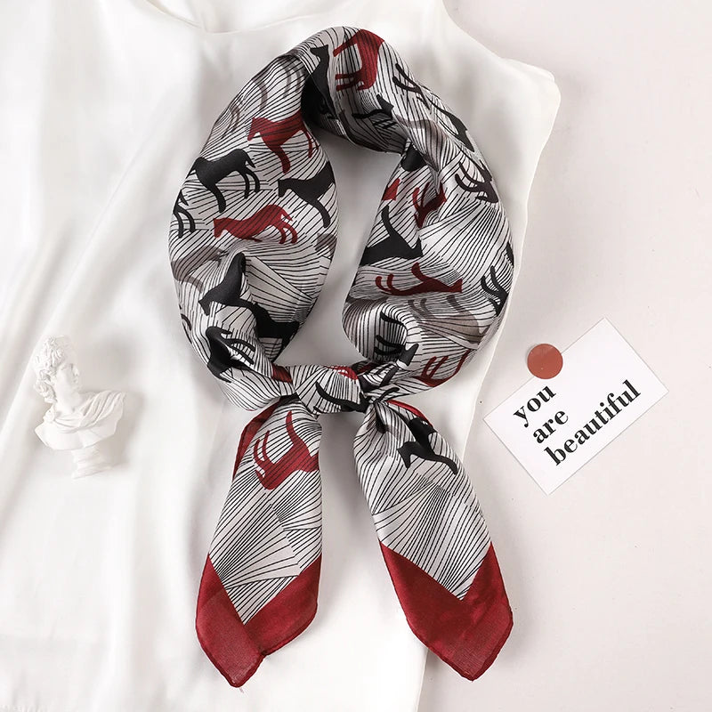 Luxury Brand 2023 Silk Square Scarf Women Cat Neck Hair Tie Band Beach Hijab Kerchief Head Headbands Bandana Female Foulard 70cm
