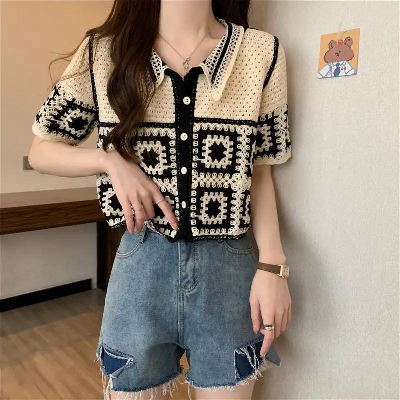 Summer Short Sleeve T-Shirt Retro Knitted Cardigan Outerwear Young Petite Girls Vintage Hollow Out Crop Top Women Clothes