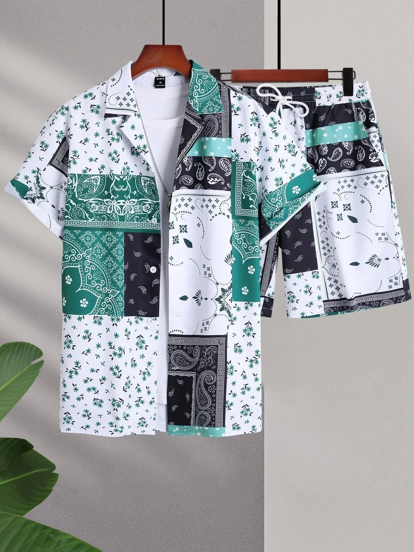 Hawaiian Flamingo Strip Printed Set Casual Streetwear Button Short Sleeve Shirt, Two-piece mon