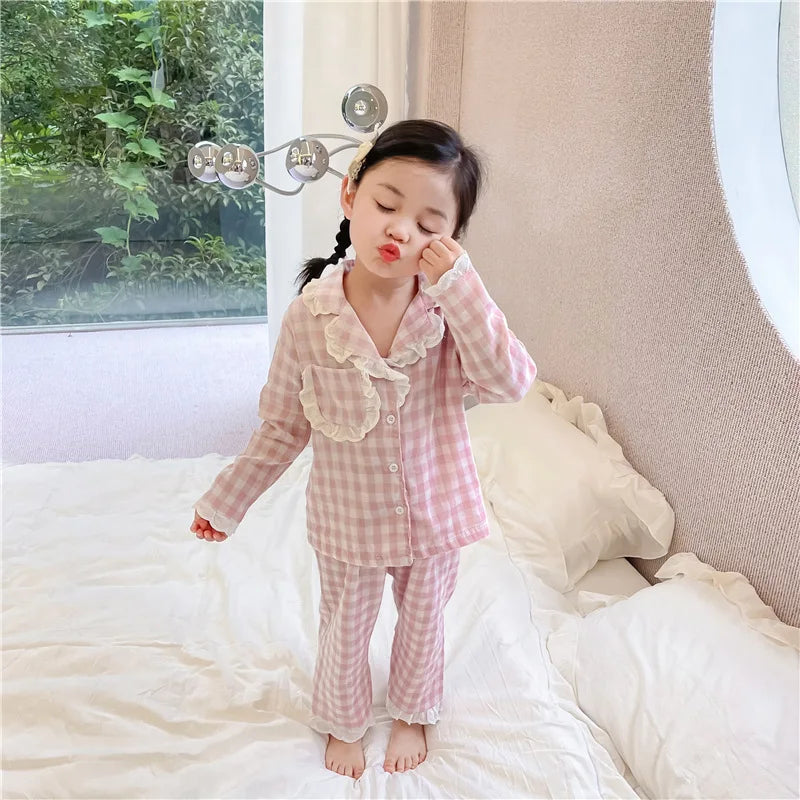 Children Pajamas 2024 Spring New Korean Children Clothing Girl Sweet Checkered Pajama Set Long sleeved Pants Home Fury