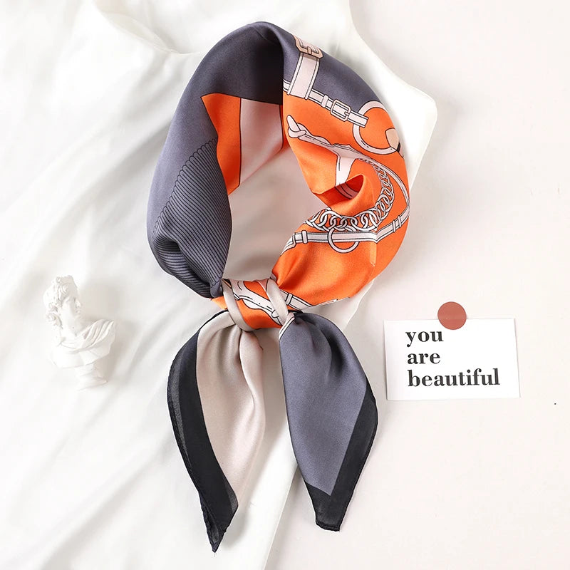 Luxury Brand 2023 Silk Square Scarf Women Cat Neck Hair Tie Band Beach Hijab Kerchief Head Headbands Bandana Female Foulard 70cm