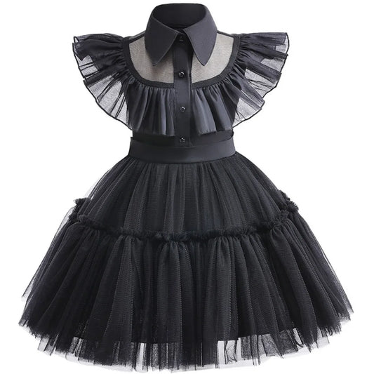 Infant Girl Role Play Wednesday Addams Dress Halloween Performance Kids Cosplay Masquerade Ruffle Style Tulle Party Baby Clothes