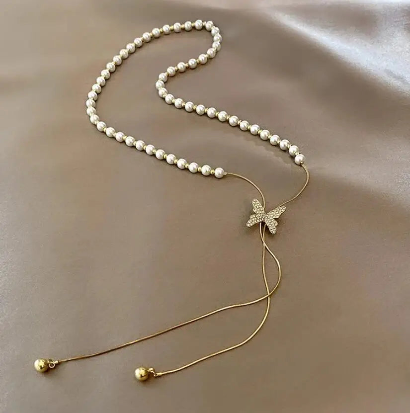 Fashion Personal Butterfly Pearl Long Pendant Tassels Necklace For Women Party Accessories Dangle Necklace Custom Jewelry